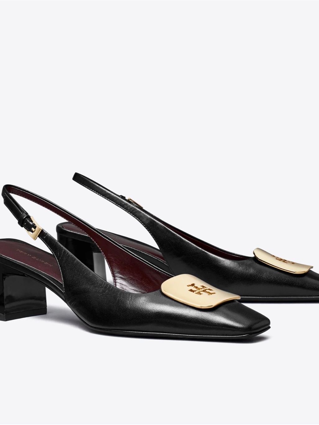 Tory Burch Black Leather Slingback Pumps With Gold Logo Plaque